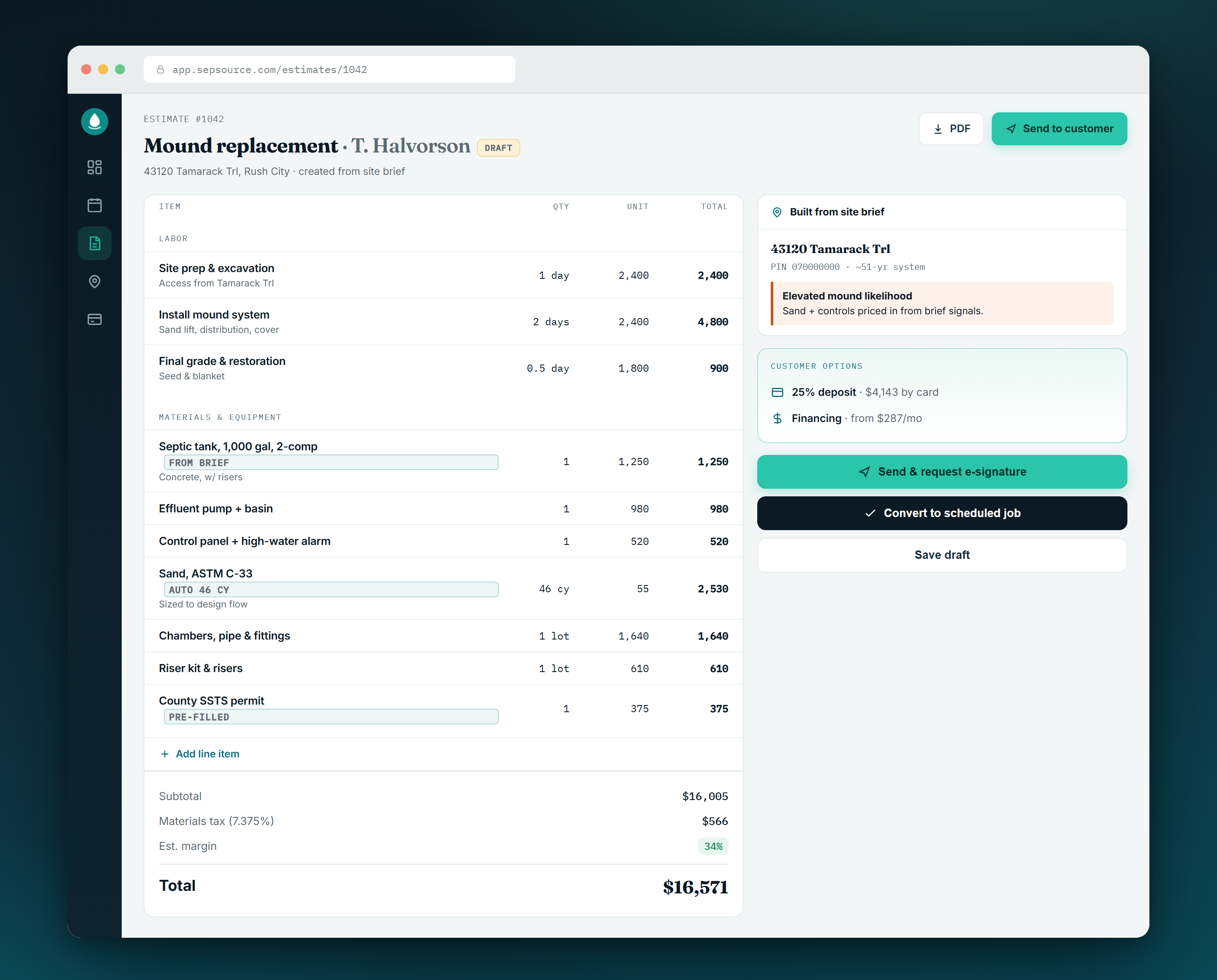 Estimate builder: labor and materials line items with quantities auto-derived from the site brief, live margin, and deposit and financing options