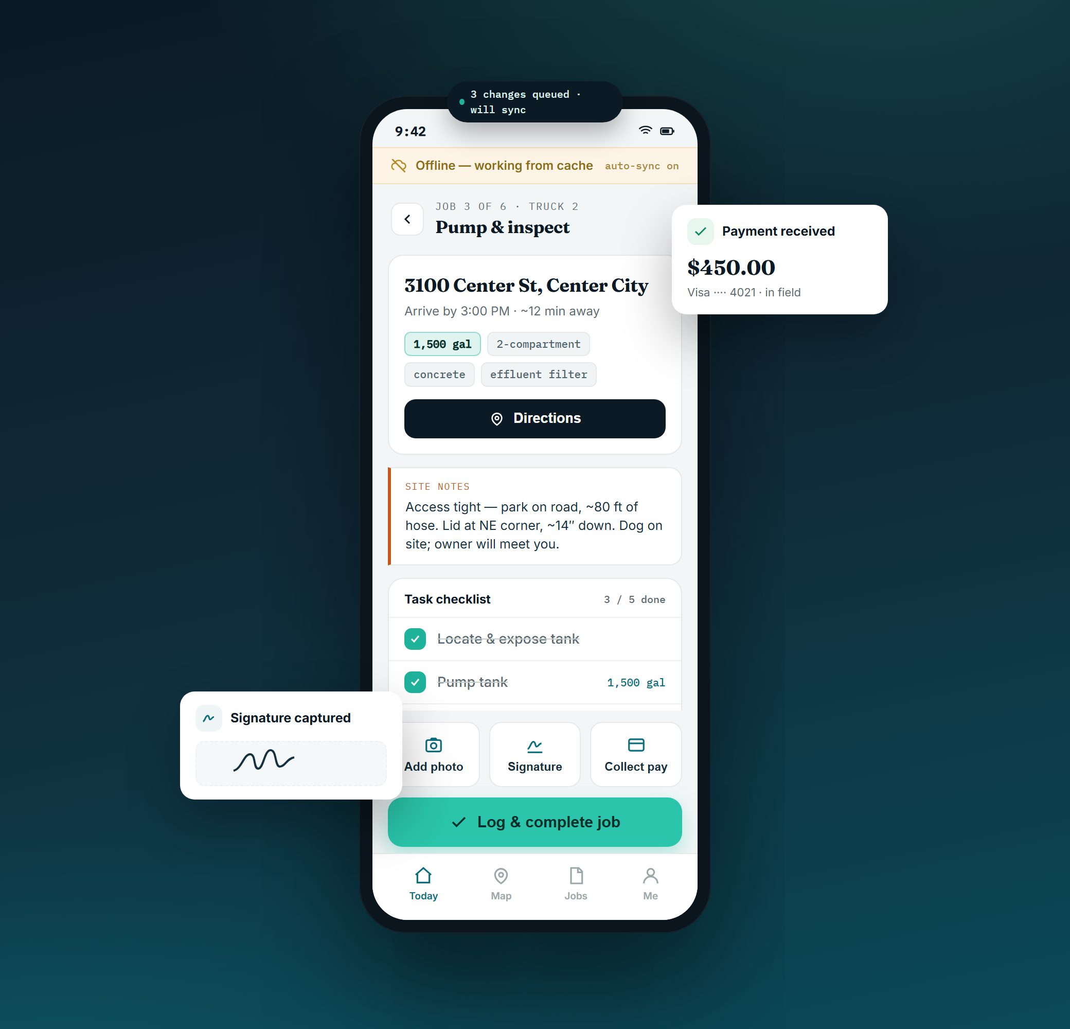 Field app on a phone, working offline: job details with gallons and tank type, site notes, task checklist, and in-field payment and signature capture